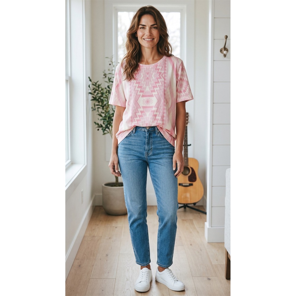 Lucky & Blessed Pink Southwestern Geometric Print T-Shirt‎ Womens 3XL New